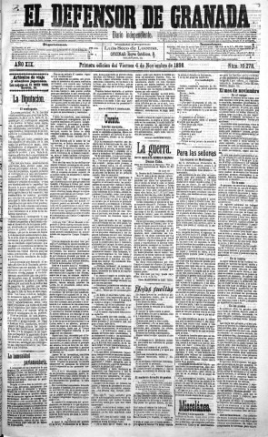 'El Defensor de Granada  : diario político independiente' - Año XIX Número 10278 1ª ed. - 1898 Noviembre 04