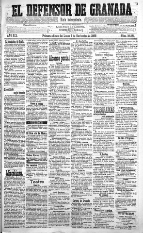 'El Defensor de Granada  : diario político independiente' - Año XIX Número 10281 1ª ed. - 1898 Noviembre 07