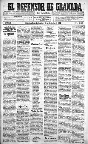 'El Defensor de Granada  : diario político independiente' - Año XIX Número 10287 1ª ed. - 1898 Noviembre 13