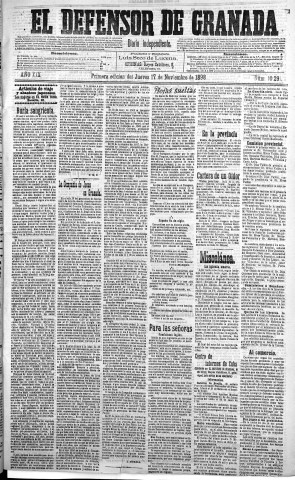 'El Defensor de Granada  : diario político independiente' - Año XIX Número 10291 1ª ed. - 1898 Noviembre 17