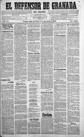 'El Defensor de Granada  : diario político independiente' - Año XIX Número 10293 1ª ed. - 1898 Noviembre 19