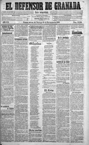 'El Defensor de Granada  : diario político independiente' - Año XIX Número 10294 1ª ed. - 1898 Noviembre 20