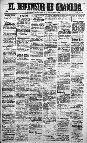 'El Defensor de Granada  : diario político independiente' - Año XIX Número 10295 1ª ed. - 1898 Noviembre 21