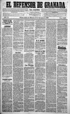 'El Defensor de Granada  : diario político independiente' - Año XIX Número 10297 1ª ed. - 1898 Noviembre 23