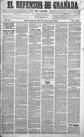 'El Defensor de Granada  : diario político independiente' - Año XIX Número 10298 1ª ed. - 1898 Noviembre 24