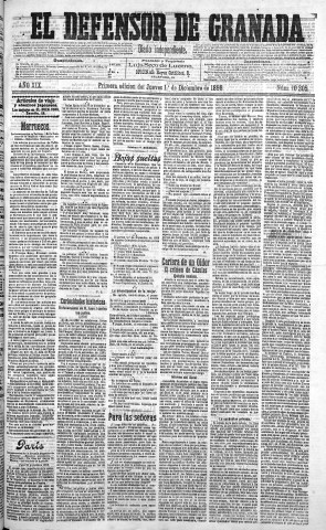 'El Defensor de Granada  : diario político independiente' - Año XIX Número 10305 1ª ed. - 1898 Diciembre 01