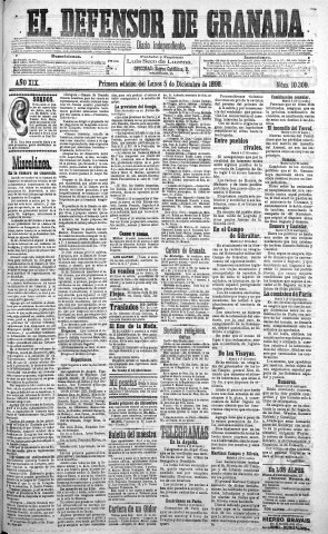 'El Defensor de Granada  : diario político independiente' - Año XIX Número 10309 1ª ed. - 1898 Diciembre 05