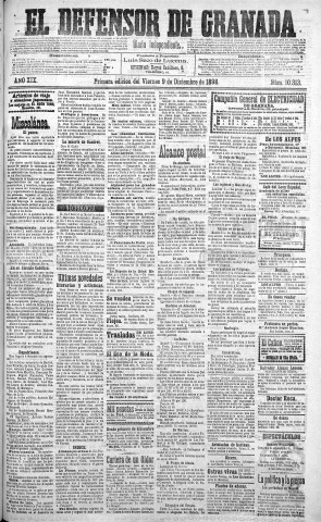 'El Defensor de Granada  : diario político independiente' - Año XIX Número 10313 1ª ed. - 1898 Diciembre 09