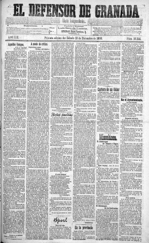 'El Defensor de Granada  : diario político independiente' - Año XIX Número 10314 1ª ed. - 1898 Diciembre 10