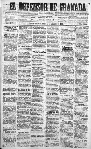 'El Defensor de Granada  : diario político independiente' - Año XIX Número 10316 1ª ed. - 1898 Diciembre 12