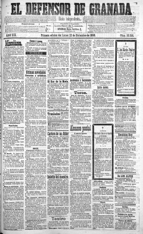'El Defensor de Granada  : diario político independiente' - Año XIX Número 10316 1ª ed. - 1898 Diciembre 13