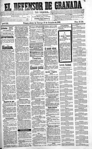 'El Defensor de Granada  : diario político independiente' - Año XIX Número 10328 1ª ed. - 1898 Diciembre 25