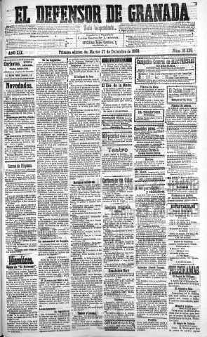 'El Defensor de Granada  : diario político independiente' - Año XIX Número 10329 1ª ed. - 1898 Diciembre 27