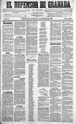 'El Defensor de Granada  : diario político independiente' - Año XIX Número 10330 1ª ed. - 1898 Diciembre 28