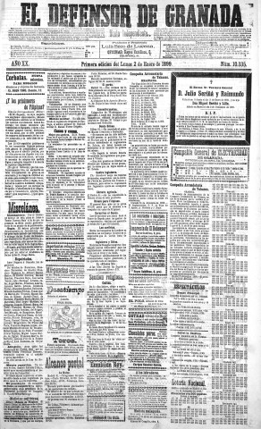 'El Defensor de Granada  : diario político independiente' - Año XX Número 10335 1ª ed. - 1899 Enero 02