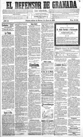 'El Defensor de Granada  : diario político independiente' - Año XX Número 10336 1ª ed. - 1899 Enero 03