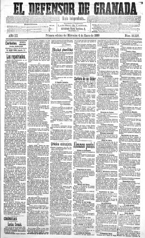 'El Defensor de Granada  : diario político independiente' - Año XX Número 10337 1ª ed. - 1899 Enero 04