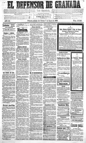 'El Defensor de Granada  : diario político independiente' - Año XX Número 10340 1ª ed. - 1899 Enero 07