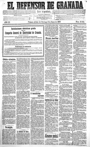 'El Defensor de Granada  : diario político independiente' - Año XX Número 10341 1ª ed. - 1899 Enero 08