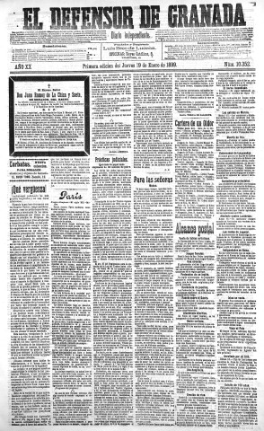 'El Defensor de Granada  : diario político independiente' - Año XX Número 10352 1ª ed. - 1899 Enero 19