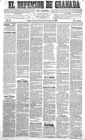 'El Defensor de Granada  : diario político independiente' - Año XX Número 10353 1ª ed. - 1899 Enero 20