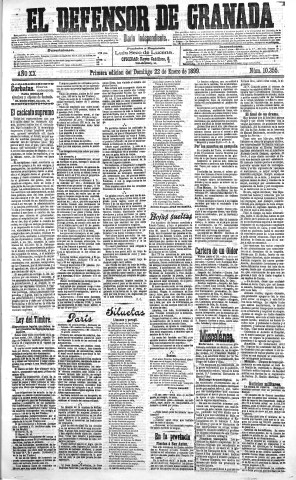 'El Defensor de Granada  : diario político independiente' - Año XX Número 10355 1ª ed. - 1899 Enero 22