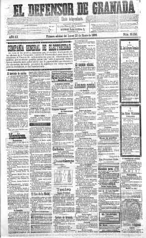 'El Defensor de Granada  : diario político independiente' - Año XX Número 10356 1ª ed. - 1899 Enero 23
