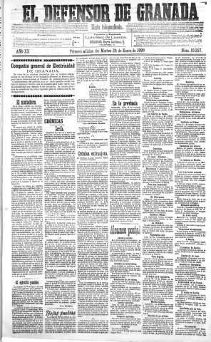 'El Defensor de Granada  : diario político independiente' - Año XX Número 10357 1ª ed. - 1899 Enero 24