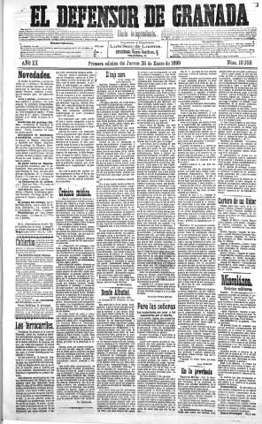 'El Defensor de Granada  : diario político independiente' - Año XX Número 10359 1ª ed. - 1899 Enero 26