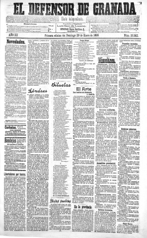 'El Defensor de Granada  : diario político independiente' - Año XX Número 10362 1ª ed. - 1899 Enero 29