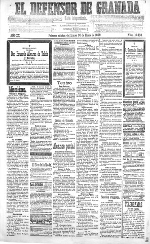 'El Defensor de Granada  : diario político independiente' - Año XX Número 10363 1ª ed. - 1899 Enero 30
