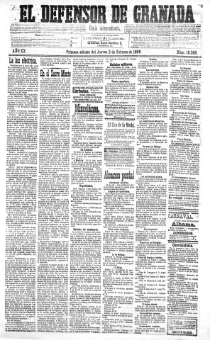 'El Defensor de Granada  : diario político independiente' - Año XX Número 10366 1ª ed. - 1899 Febrero 02