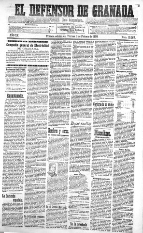 'El Defensor de Granada  : diario político independiente' - Año XX Número 10367 1ª ed. - 1899 Febrero 03