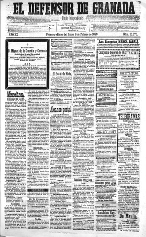 'El Defensor de Granada  : diario político independiente' - Año XX Número 10370 1ª ed. - 1899 Febrero 06