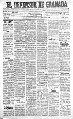 'El Defensor de Granada  : diario político independiente' - Año XX Número 10374 1ª ed. - 1899 Febrero 10
