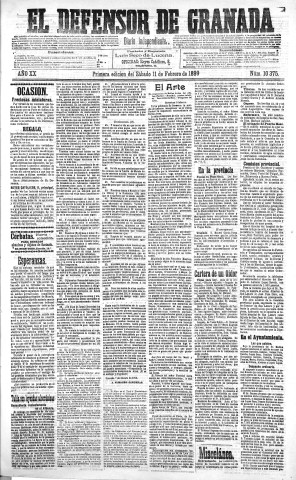 'El Defensor de Granada  : diario político independiente' - Año XX Número 10375 1ª ed. - 1899 Febrero 11