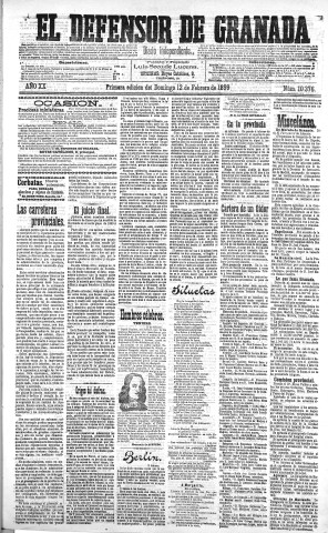 'El Defensor de Granada  : diario político independiente' - Año XX Número 10376 1ª ed. - 1899 Febrero 12