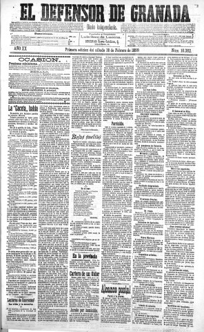 'El Defensor de Granada  : diario político independiente' - Año XX Número 10382 1ª ed. - 1899 Febrero 18