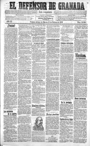 'El Defensor de Granada  : diario político independiente' - Año XX Número 10385 1ª ed. - 1899 Febrero 21