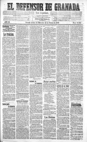 'El Defensor de Granada  : diario político independiente' - Año XX Número 10386 1ª ed. - 1899 Febrero 22