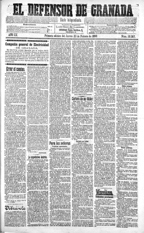 'El Defensor de Granada  : diario político independiente' - Año XX Número 10387 1ª ed. - 1899 Febrero 23
