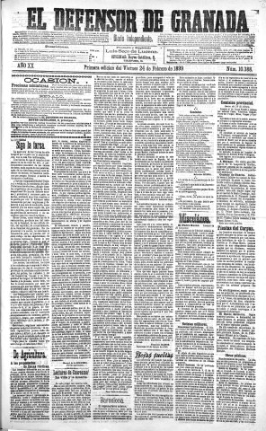 'El Defensor de Granada  : diario político independiente' - Año XX Número 10388 1ª ed. - 1899 Febrero 24