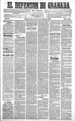 'El Defensor de Granada  : diario político independiente' - Año XX Número 10935 1ª ed. - 1899 Marzo 03