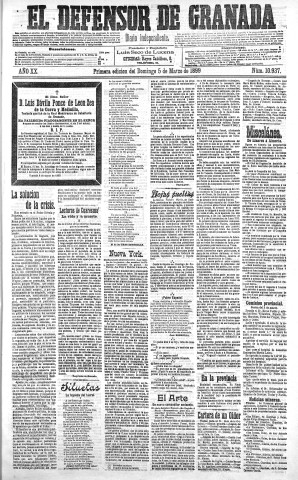 'El Defensor de Granada  : diario político independiente' - Año XX Número 10937 1ª ed. - 1899 Marzo 05