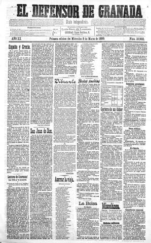 'El Defensor de Granada  : diario político independiente' - Año XX Número 10940 1ª ed. - 1899 Marzo 08