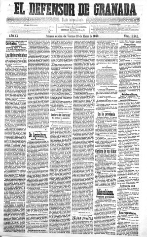 'El Defensor de Granada  : diario político independiente' - Año XX Número 10942 1ª ed. - 1899 Marzo 10