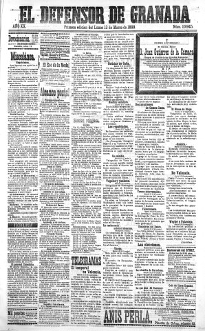 'El Defensor de Granada  : diario político independiente' - Año XX Número 10945 1ª ed. - 1899 Marzo 13