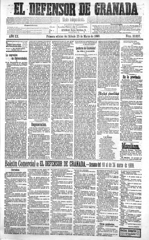 'El Defensor de Granada  : diario político independiente' - Año XX Número 10957 1ª ed. - 1899 Marzo 25