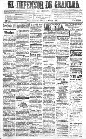'El Defensor de Granada  : diario político independiente' - Año XX Número 10959 1ª ed. - 1899 Marzo 27