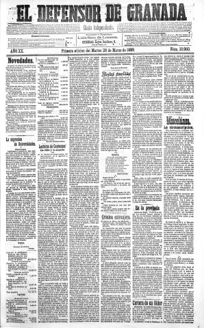 'El Defensor de Granada  : diario político independiente' - Año XX Número 10960 1ª ed. - 1899 Marzo 28